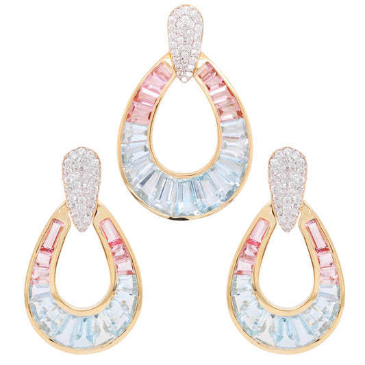 18K Gold Aquamarine Pink Tourmaline Diamond Raindrop Set - Vaibhav Dhadda Jewelry