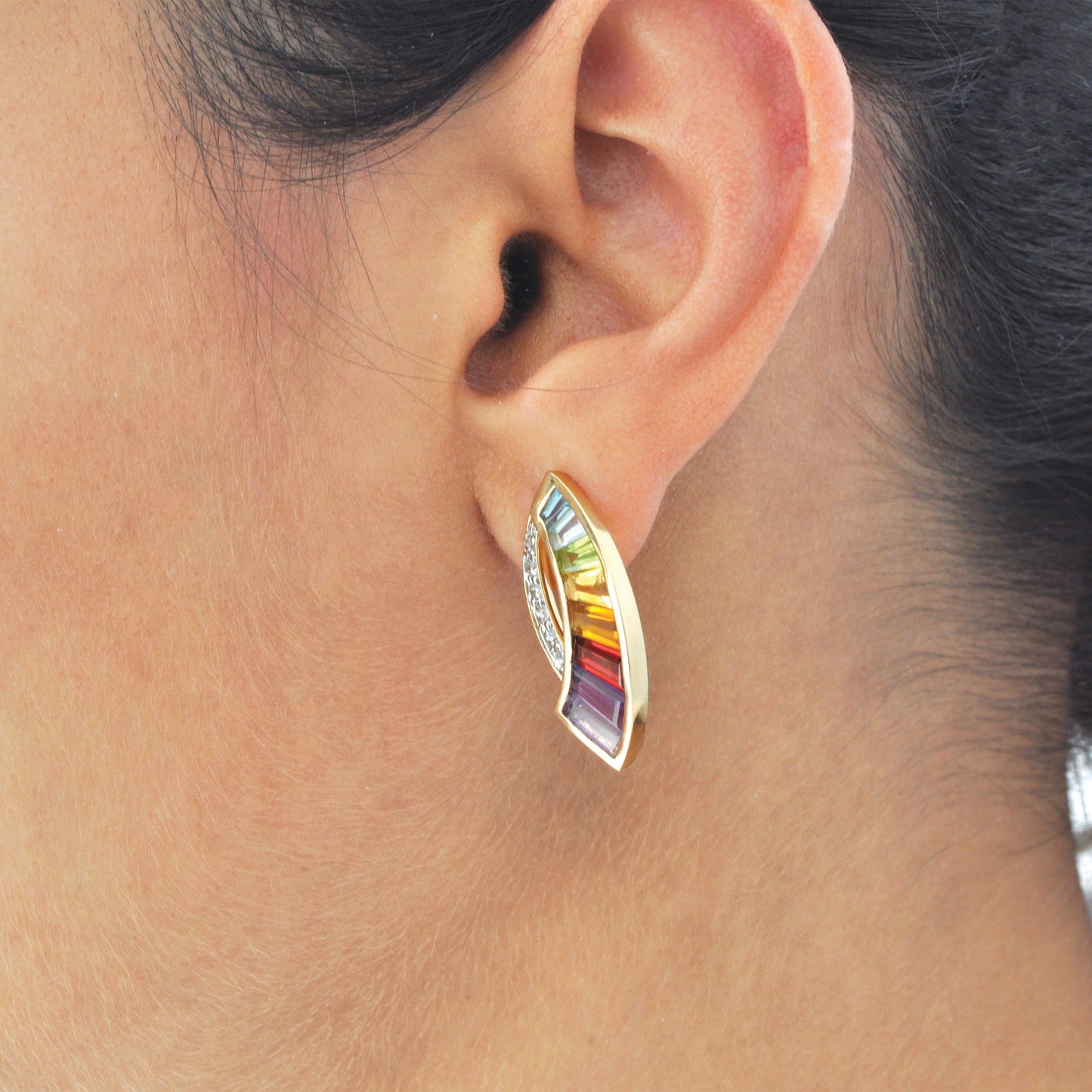 18K Gold Regenbogen-Baguette-Edelstein-Diamant-Schwert-Ohrringe