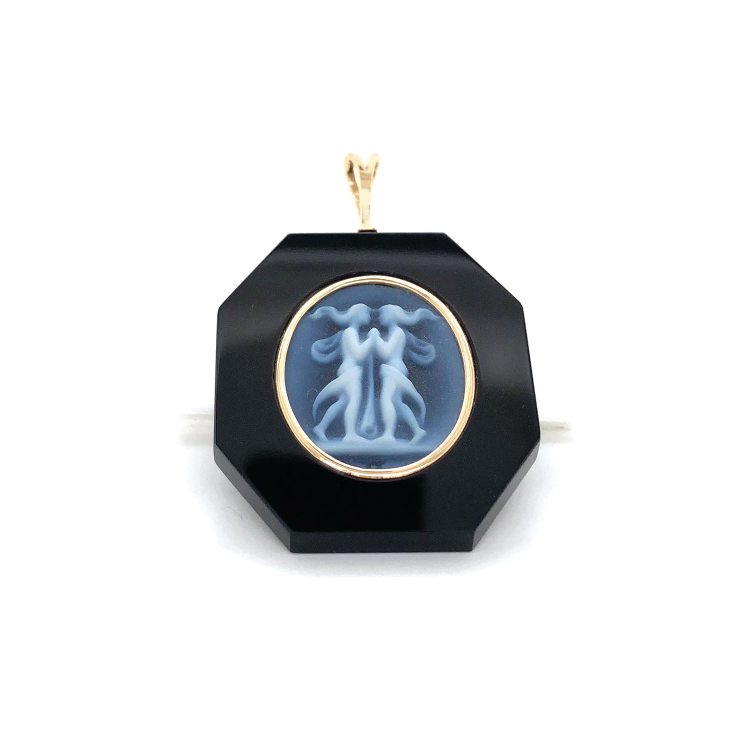 Sleek Black Onyx Pendant Showcasing Gemini Constellation Design.