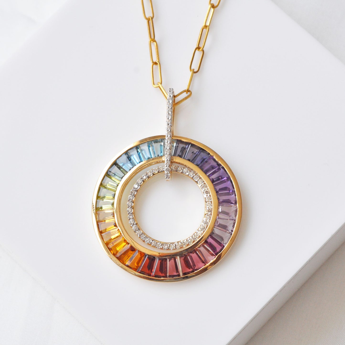Rainbow Baguette Circle Pendant