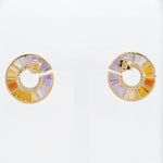 Modern, dimensional earrings with vibrant amethyst and citrine baguettes forming a soft curve, outlined with diamonds