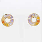 Modern, dimensional earrings with vibrant amethyst and citrine baguettes forming a soft curve, outlined with diamonds