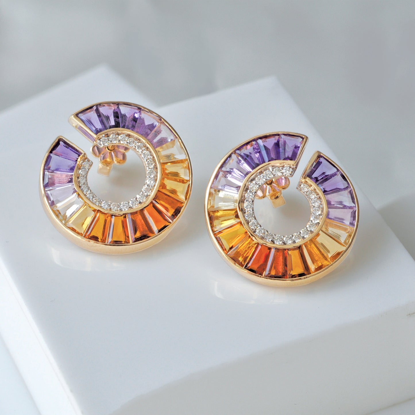 Channel-Set Amethyst and Citrine Baguette Earrings with Inner Circle Diamonds in Gold Setting
