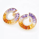 Striking gold earrings with a circular 3D curve showcasing a color fade from purple to yellow gemstones and inner diamonds