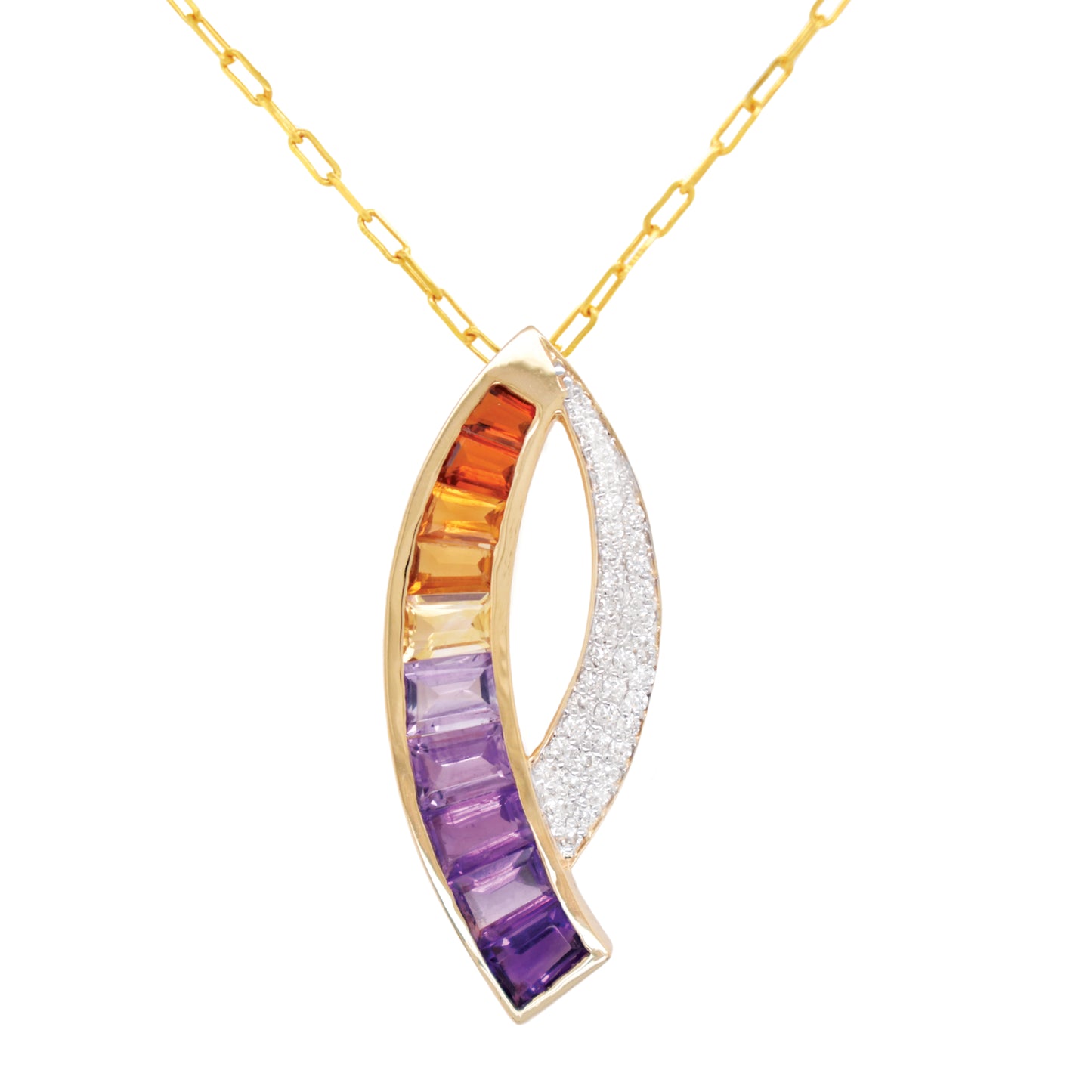 Luxury ametrine pendant with gold chain and earrings set in sickle design, created by Vaibhav Dhadda Jewelry for modern gemstone lovers
