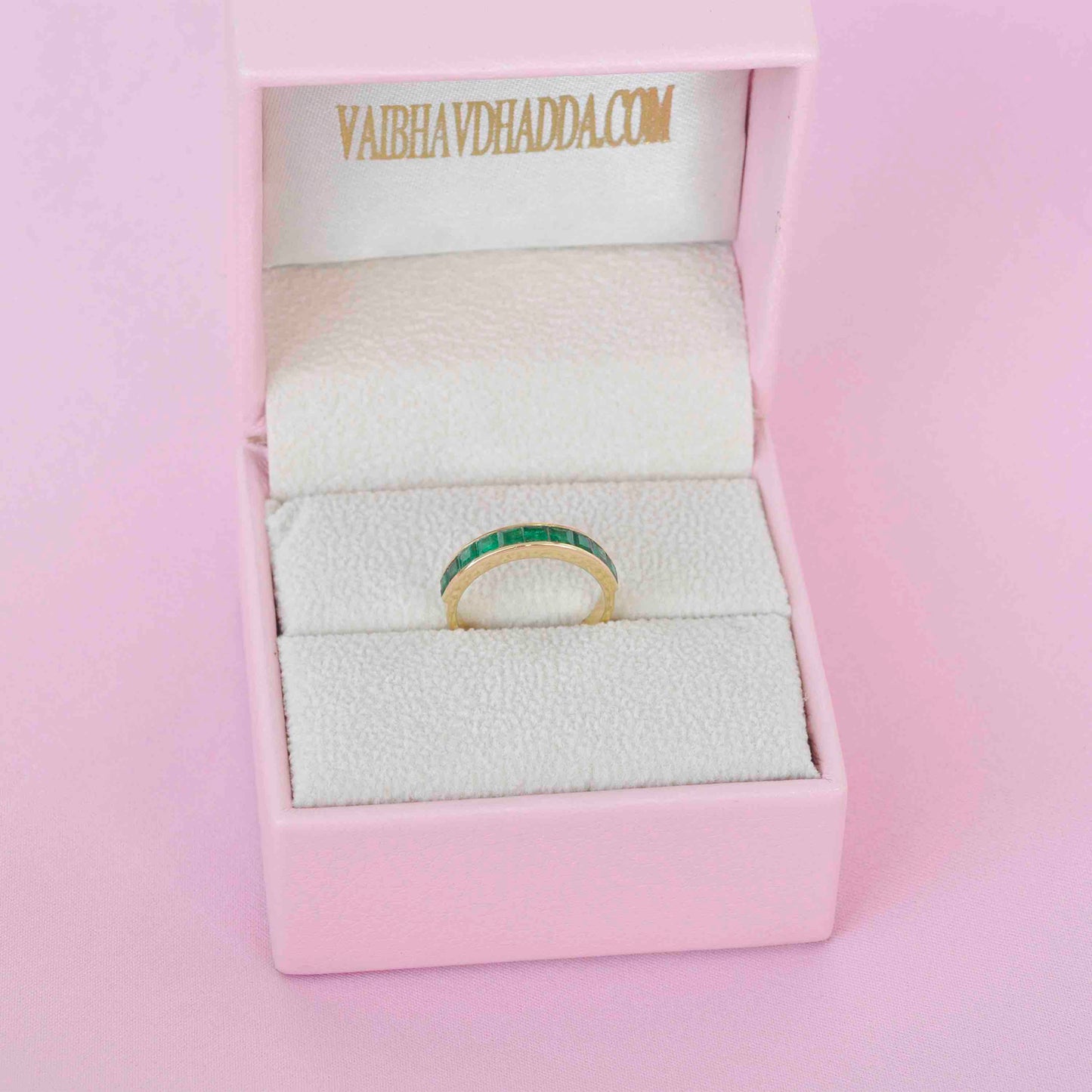 18k yellow gold zambian emerald square half band ring