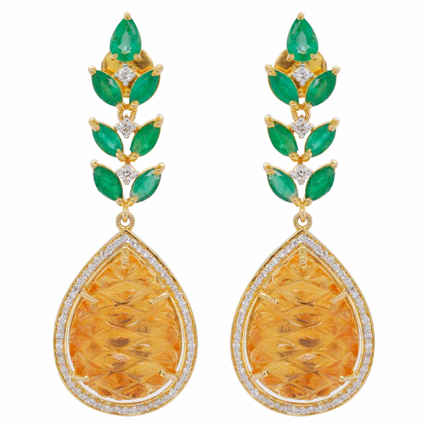 Pineapple Carved Citrine Emerald Earrings