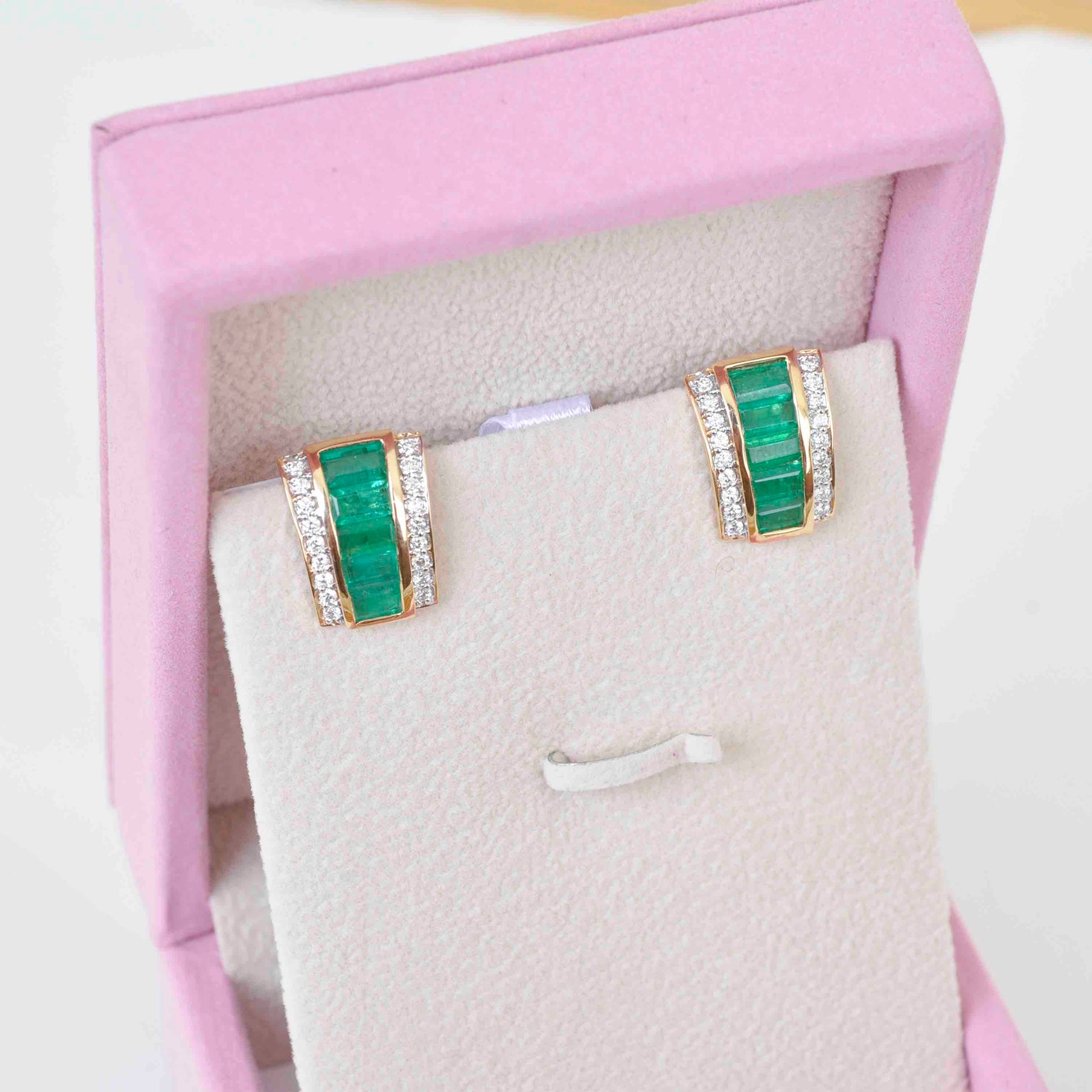18K Gold Emerald Art deco Pyramid Diamond Stud Earrings - Vaibhav Dhadda Jewelry