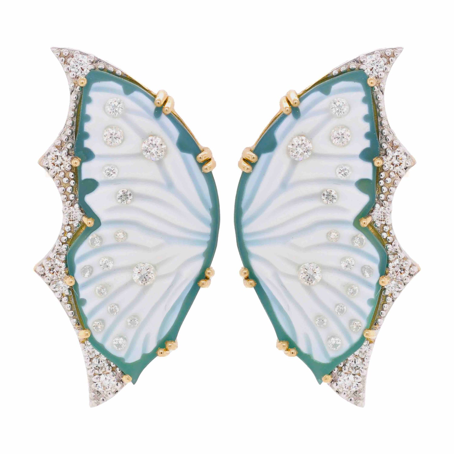 18K Gold Hand-Carved Green Agate Butterfly Diamond Stud Earrings