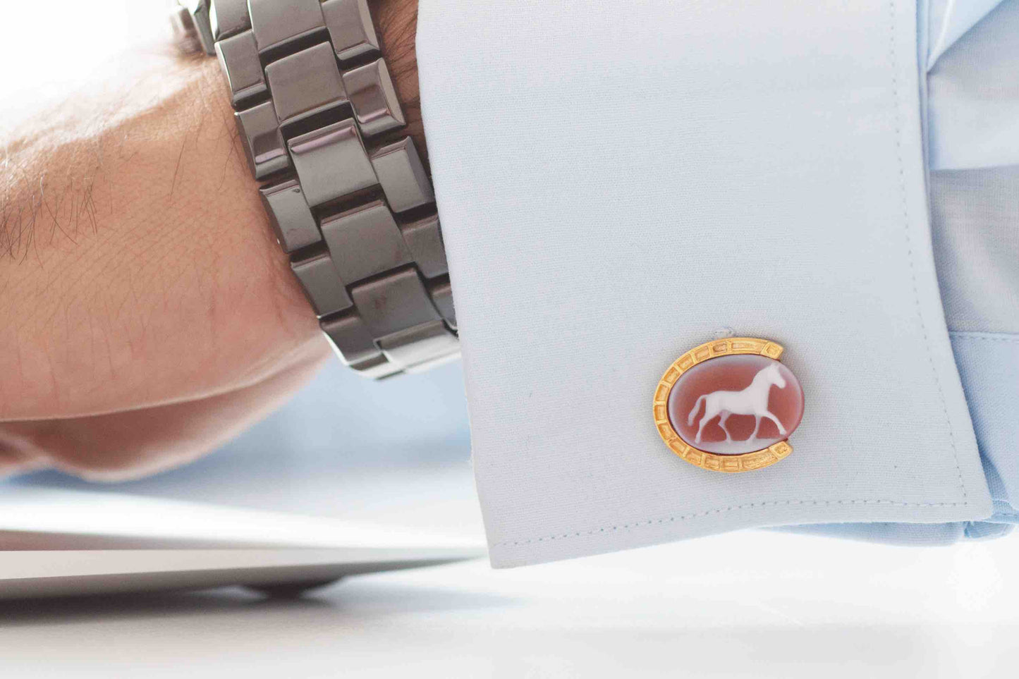 Hand-Carved Red Agate Horse Cameo Cufflinks