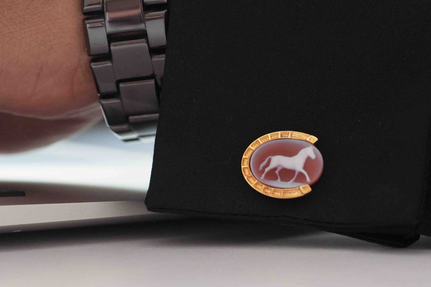 Hand-Carved Red Agate Horse Cameo Cufflinks