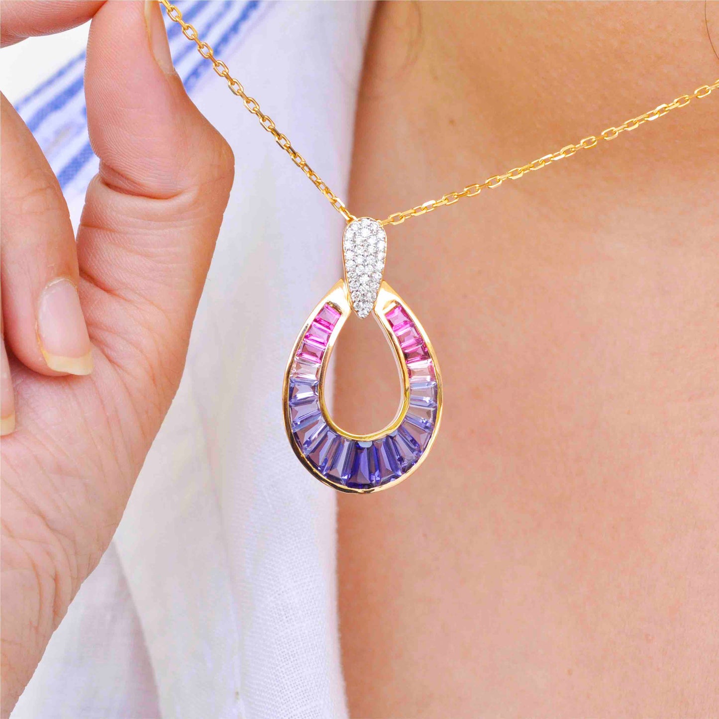 18k iolite pink tourmaline raindrop pendant