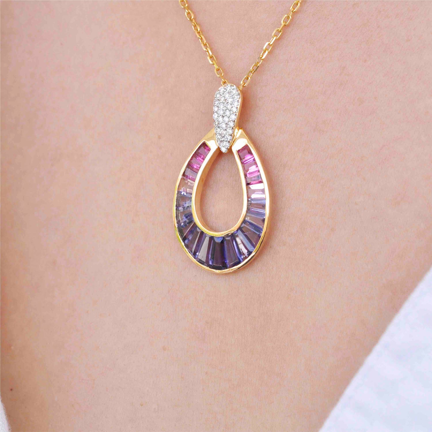 18K Gold Iolite Pink Tourmaline Diamond Raindrop Pendant - Vaibhav Dhadda Jewelry