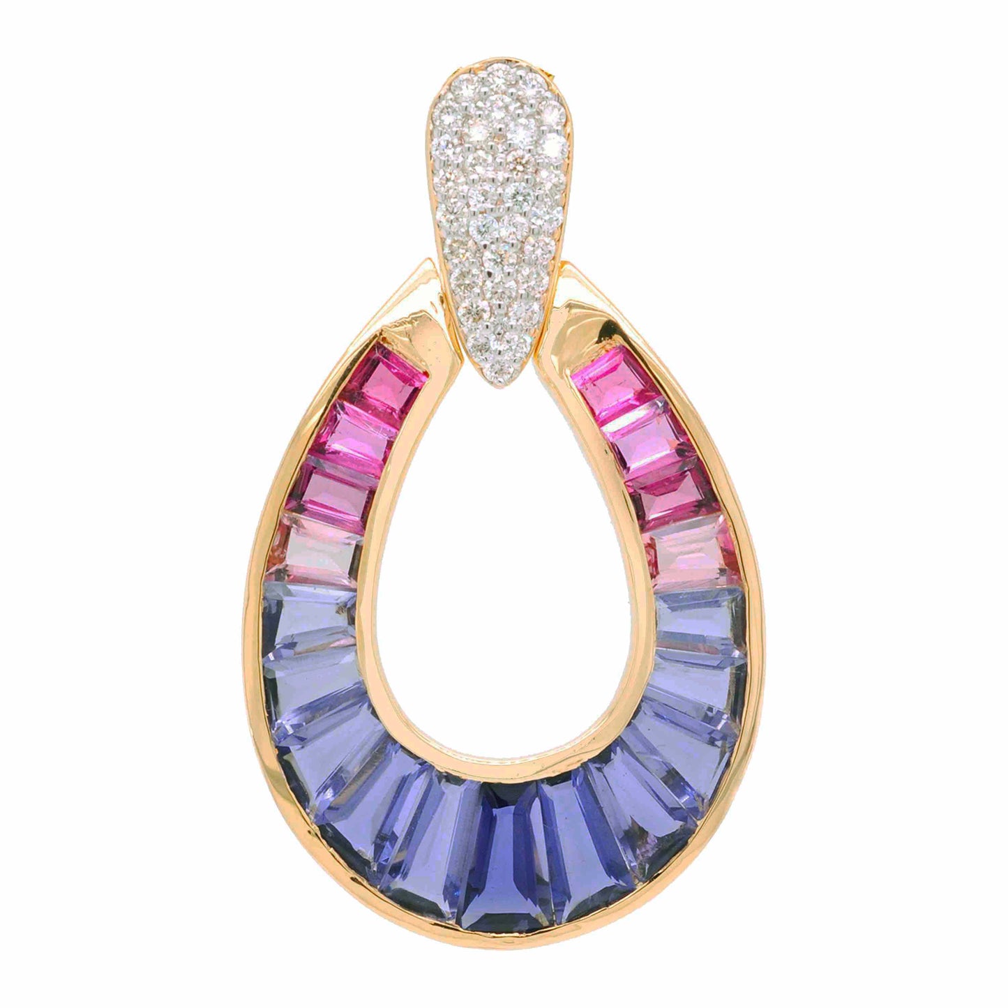 18K Gold Iolite Pink Tourmaline Diamond Doorknocker Pendant