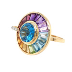 Detailed side profile of multi gemstone rotating halo ring