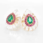 Gemstone Stud Earrings with Carved Rock Crystal, Emerald, and Ruby