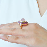 14K Gold Ring With Rose Quartz & Tapered Baguette Rhodolites.