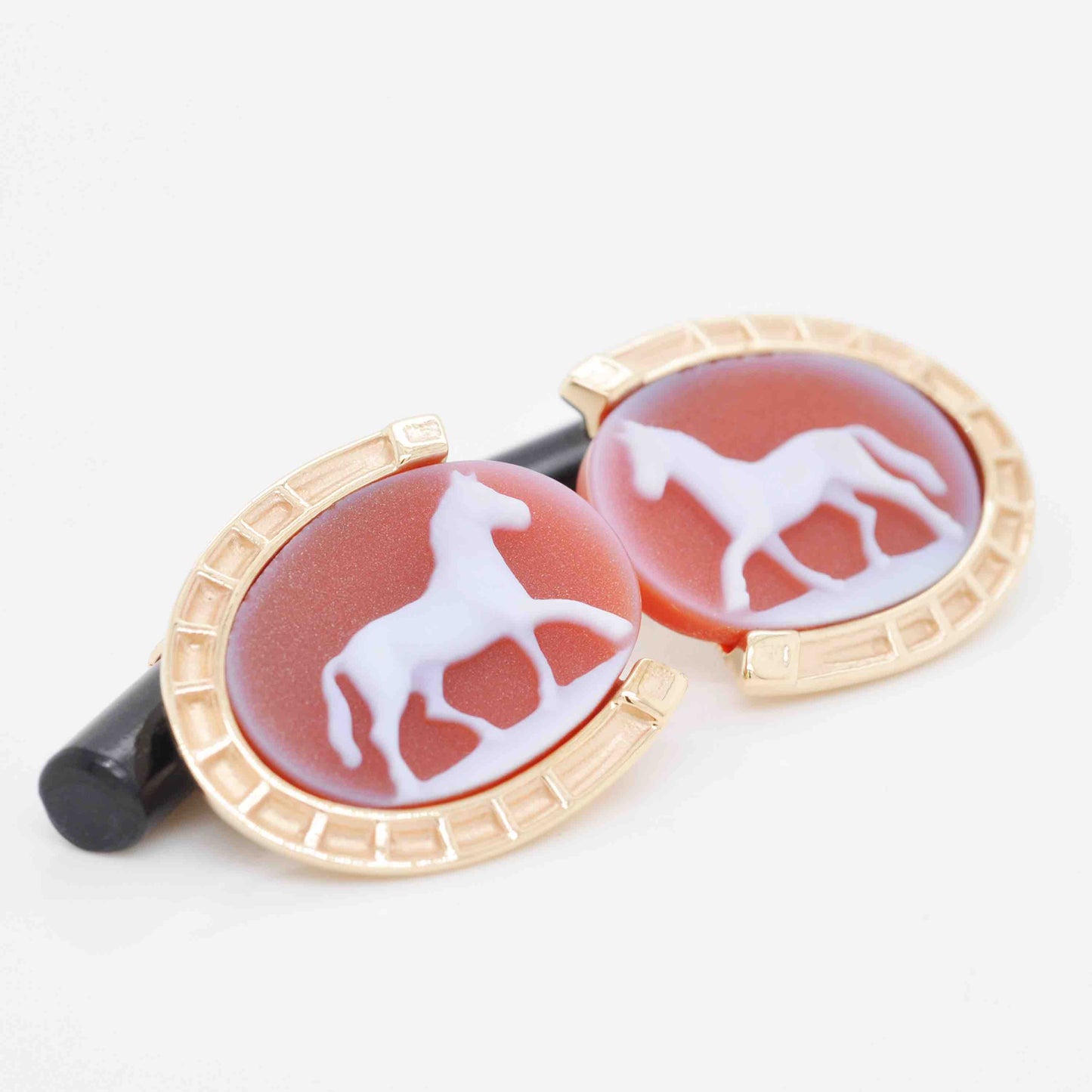 Hand-Carved Red Agate Horse Cameo Cufflinks