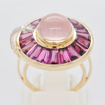 Detailed view of the gemstone setting craftsmanship, showing the smooth gold bezel and baguettes.