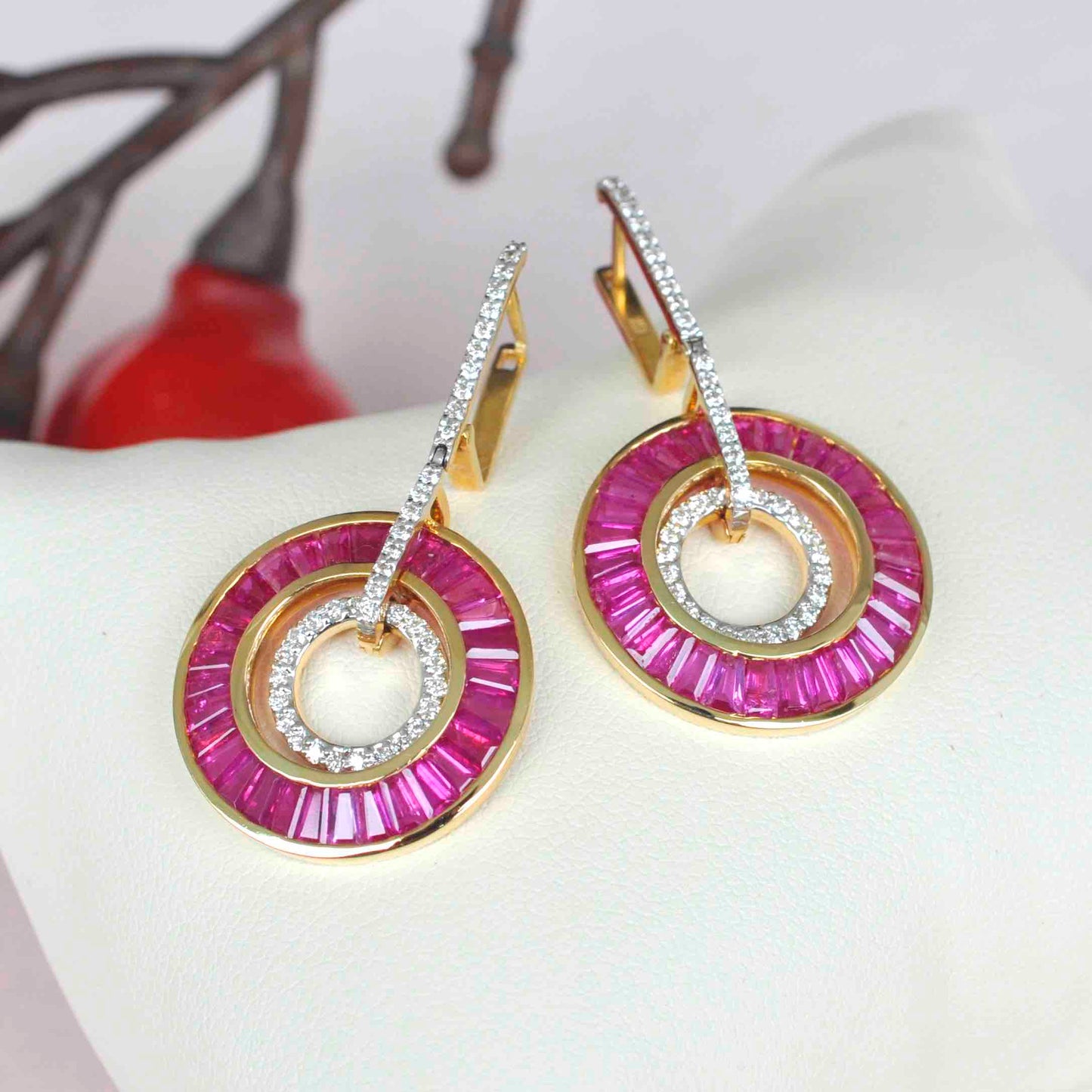 18K Gold Ruby Circle Diamond Dangle Earrings - Vaibhav Dhadda Jewelry