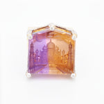 14K gold ring with a large ametrine stone hand-carved with the Taj Mahal.