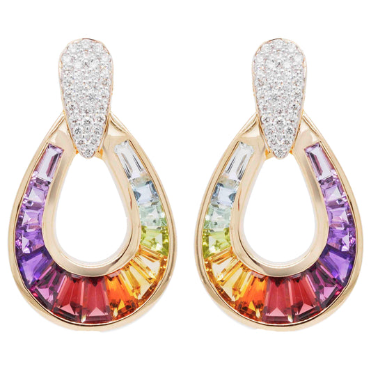 18K Gold Rainbow Gemstones Diamond Doorknocker Earrings