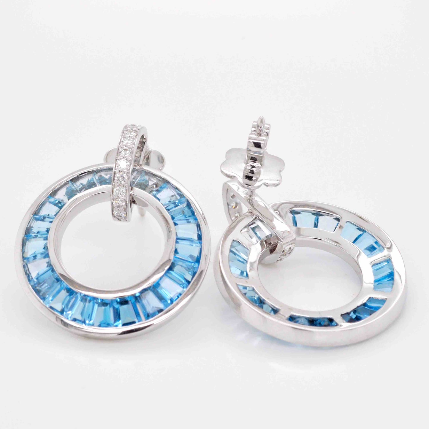 18K White Gold Tapered Baguette Blue Topaz Diamond Circle Earrings
