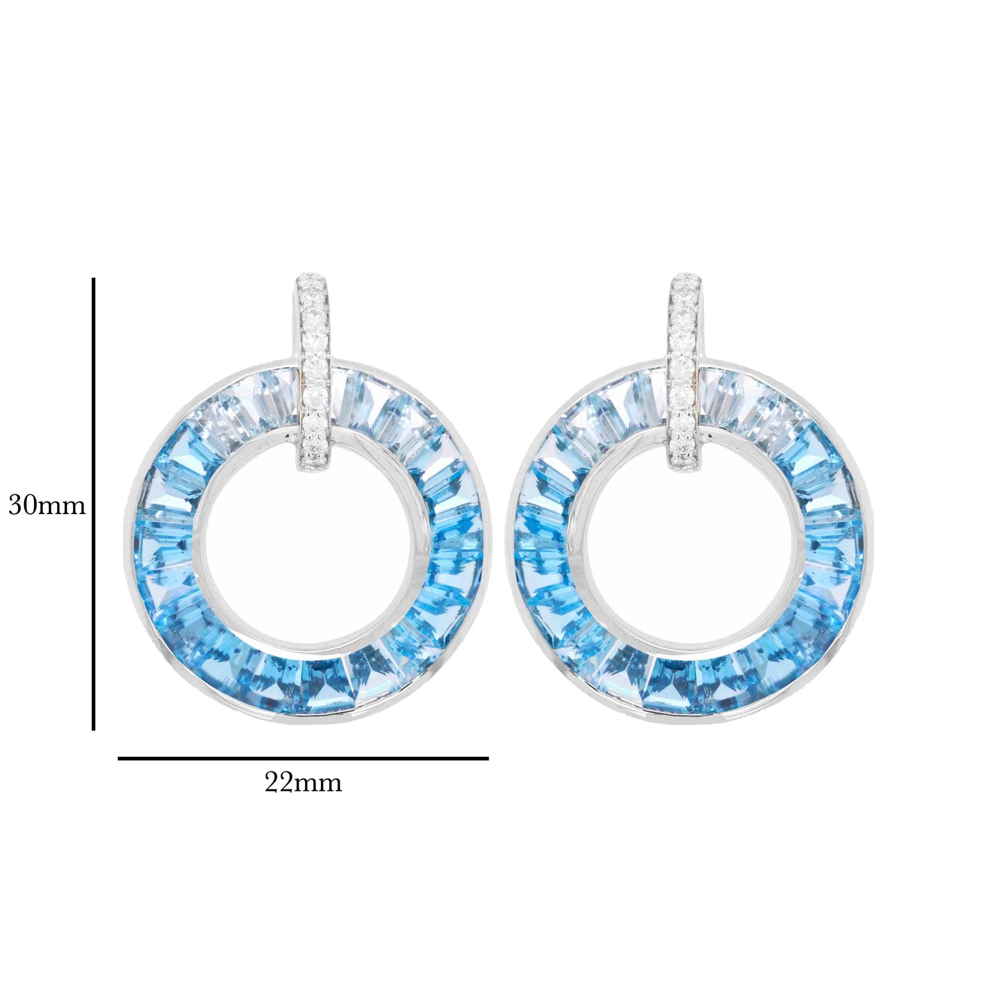 18K White Gold Tapered Baguette Blue Topaz Diamond Circle Earrings