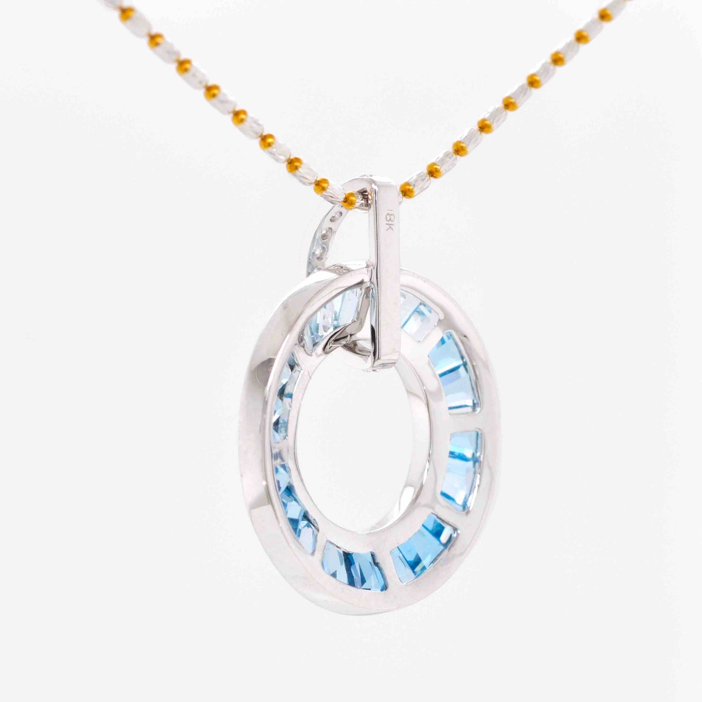 18K White Gold Blue Topaz Diamond Circle Pendant Necklace