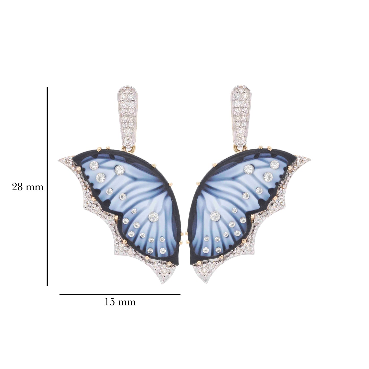 18K Gold Hand-Carved Agate Butterfly Diamond Dangle Drop Earrings