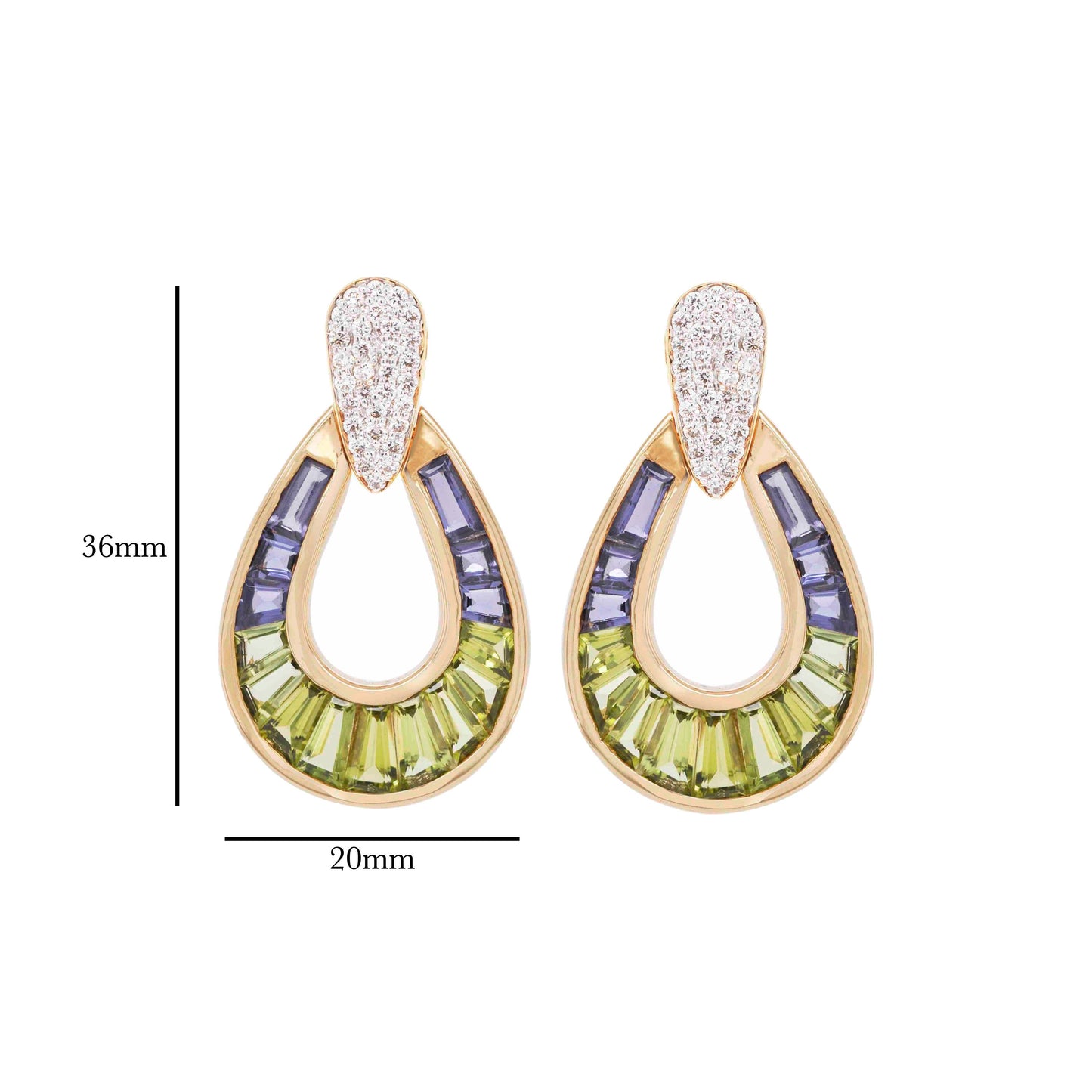 18K Gold Iolite Peridot Diamond Raindrop Earrings