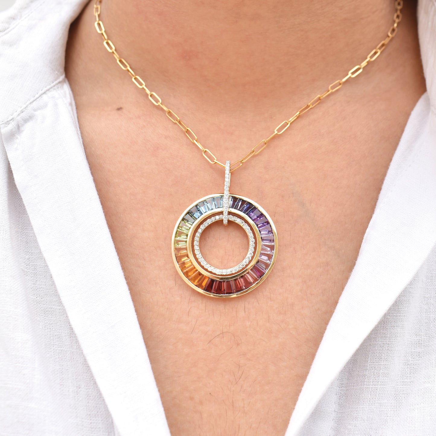 Rainbow Baguette Circle Pendant