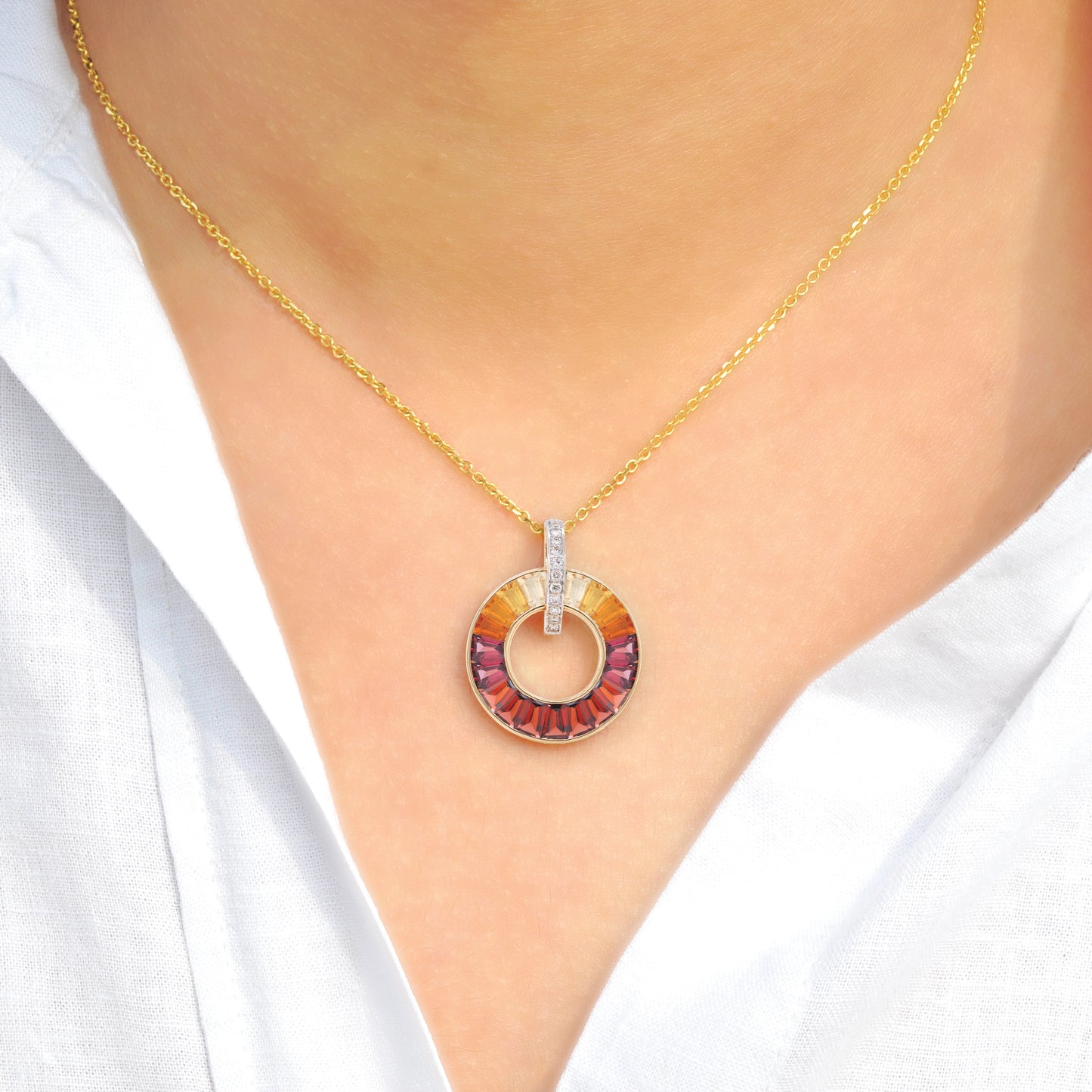 Gradient Garnet Rhodolite Citrine Diamond Circle Pendant
