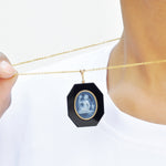 Agate edges and onyx center visible while worn.