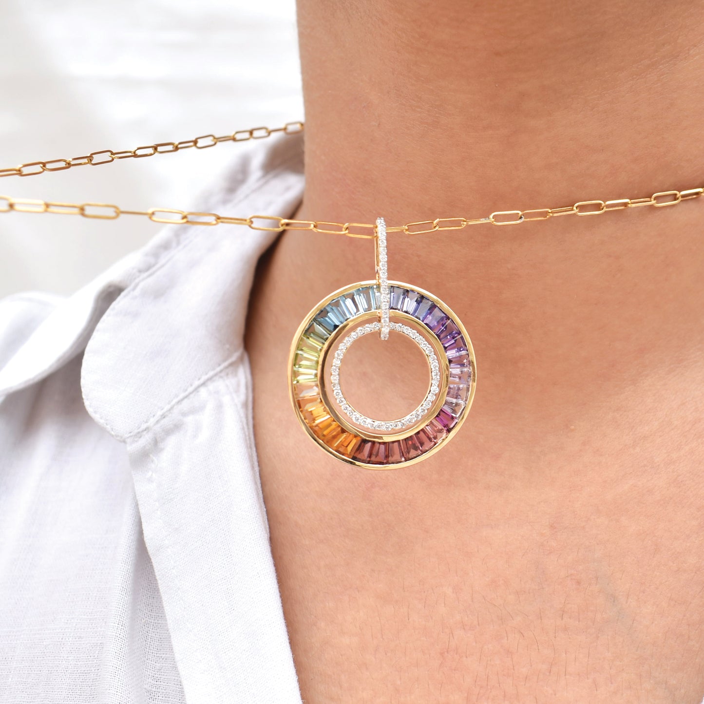 Rainbow Baguette Circle Pendant