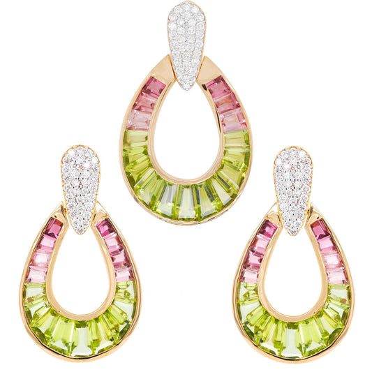 18k Gold Peridot Pink Tourmaline Diamond Raindrop Set - Vaibhav Dhadda Jewelry