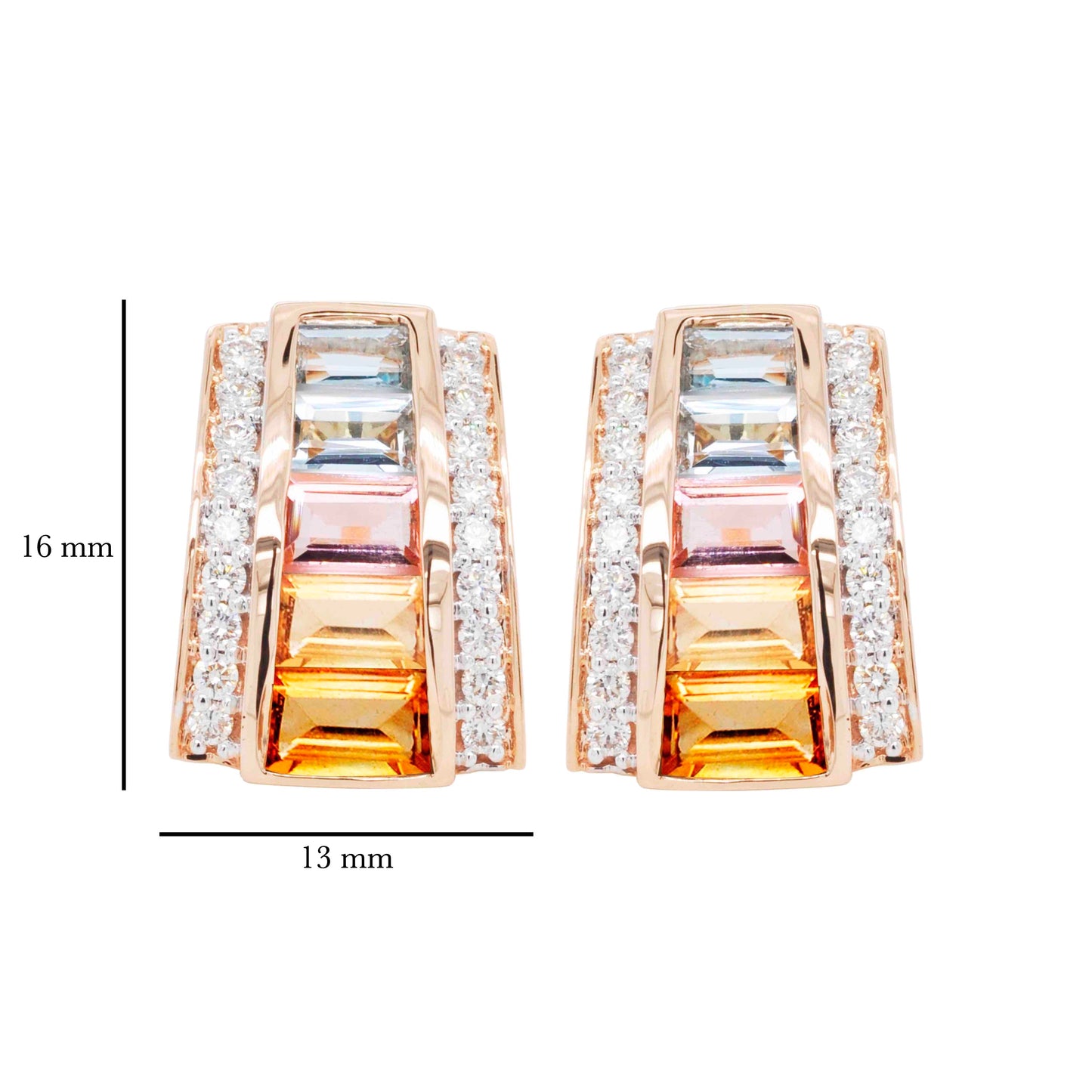 18K Gold Pyramid Rainbow Gemstones Diamond Stud Earrings