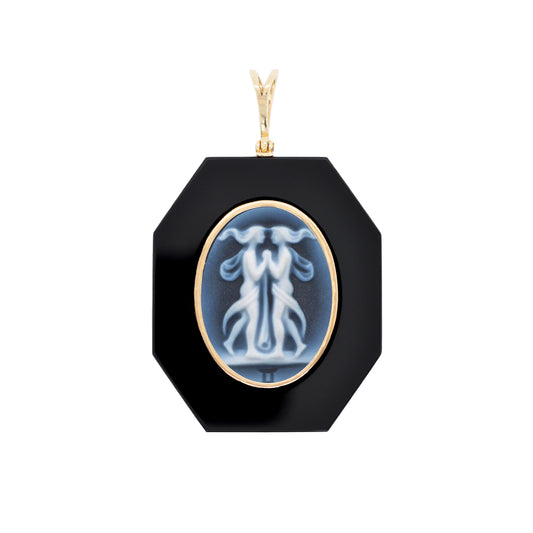 Gemini Twins Symbol Intricately Carved on Black Onyx Pendant.