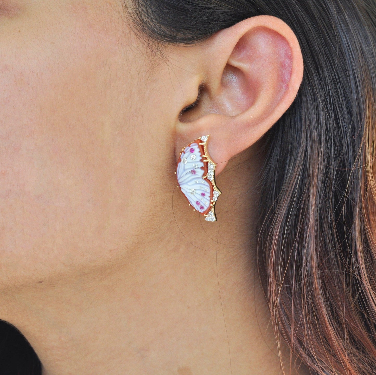 18K Gold Red Butterfly Carving Stud Earrings - Vaibhav Dhadda Jewellery