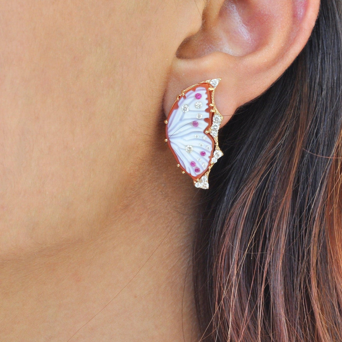 18K Gold Red Butterfly Carving Stud Earrings - Vaibhav Dhadda Jewellery