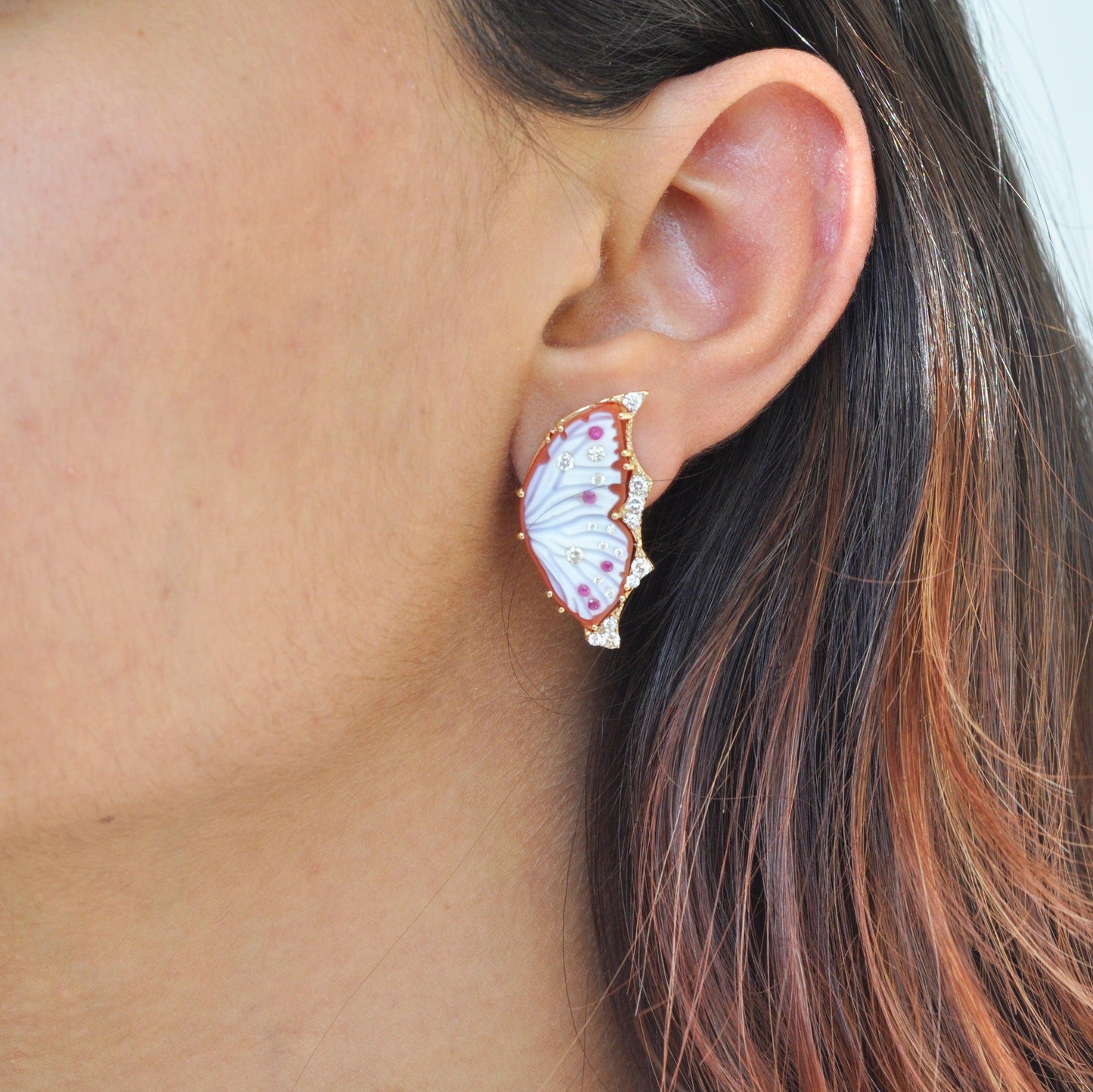 18K Gold Red Butterfly Carving Stud Earrings - Vaibhav Dhadda Jewellery
