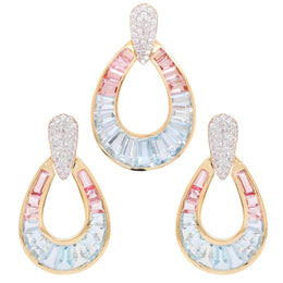 18K Gold Aquamarine Pink Tourmaline Diamond Raindrop Set - Vaibhav Dhadda Jewelry