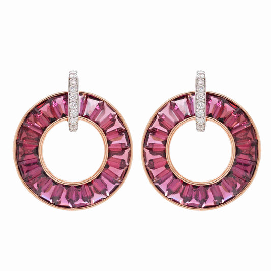 18K Gold Natural Rhodolite Diamond halo Circle Earrings