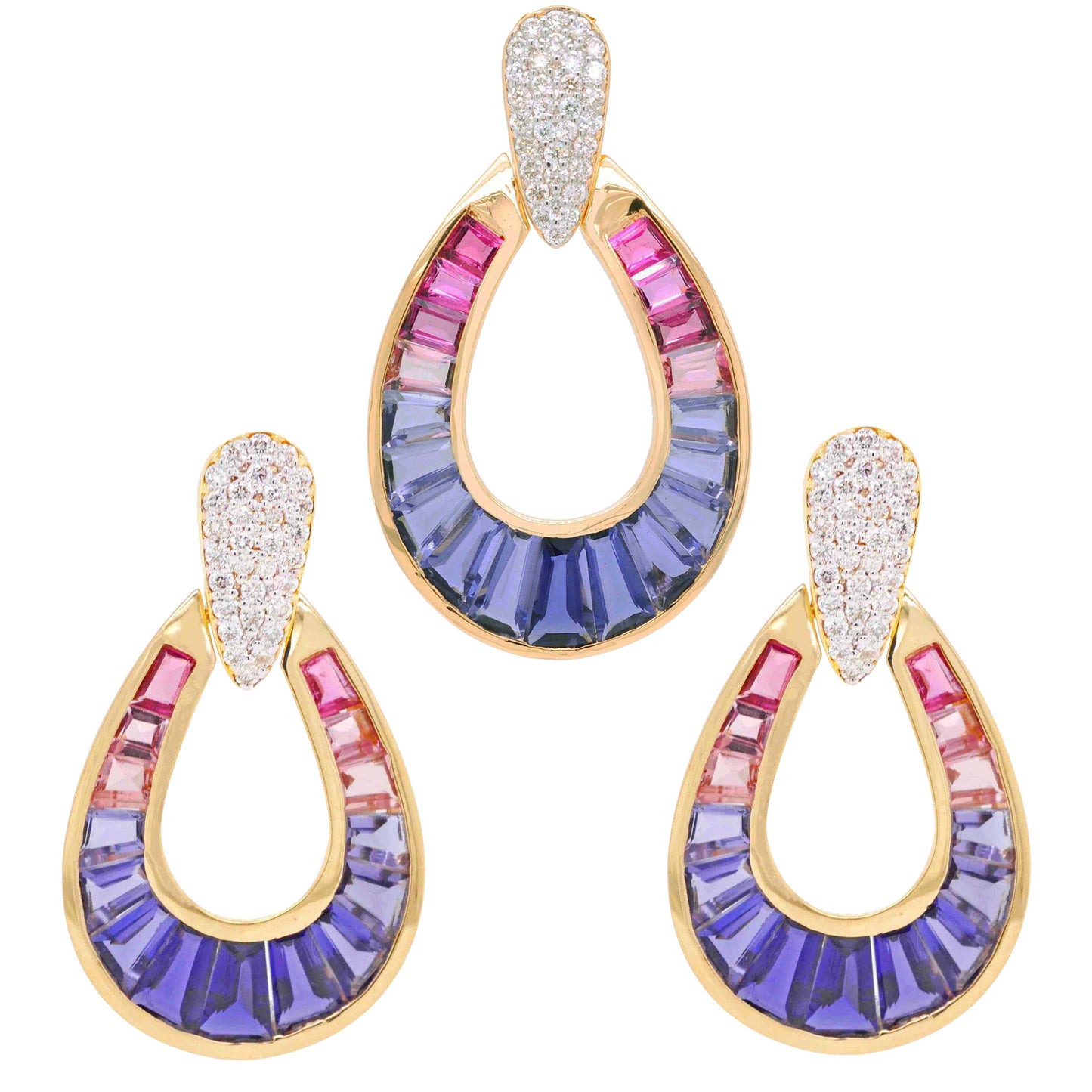 18K Gold Iolite Pink Tourmaline Diamond Raindrop Set - Vaibhav Dhadda Jewelry