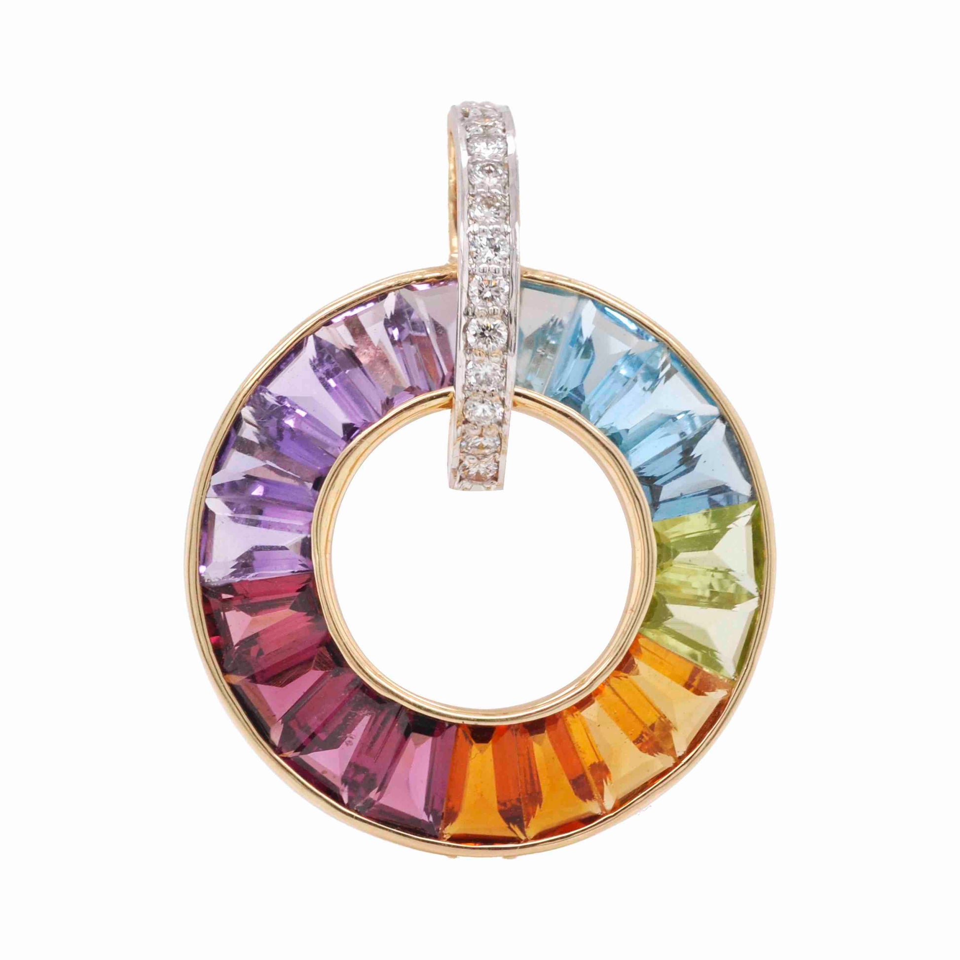 18K Gold Rainbow Gemstones Diamond Circle Pendant Necklace