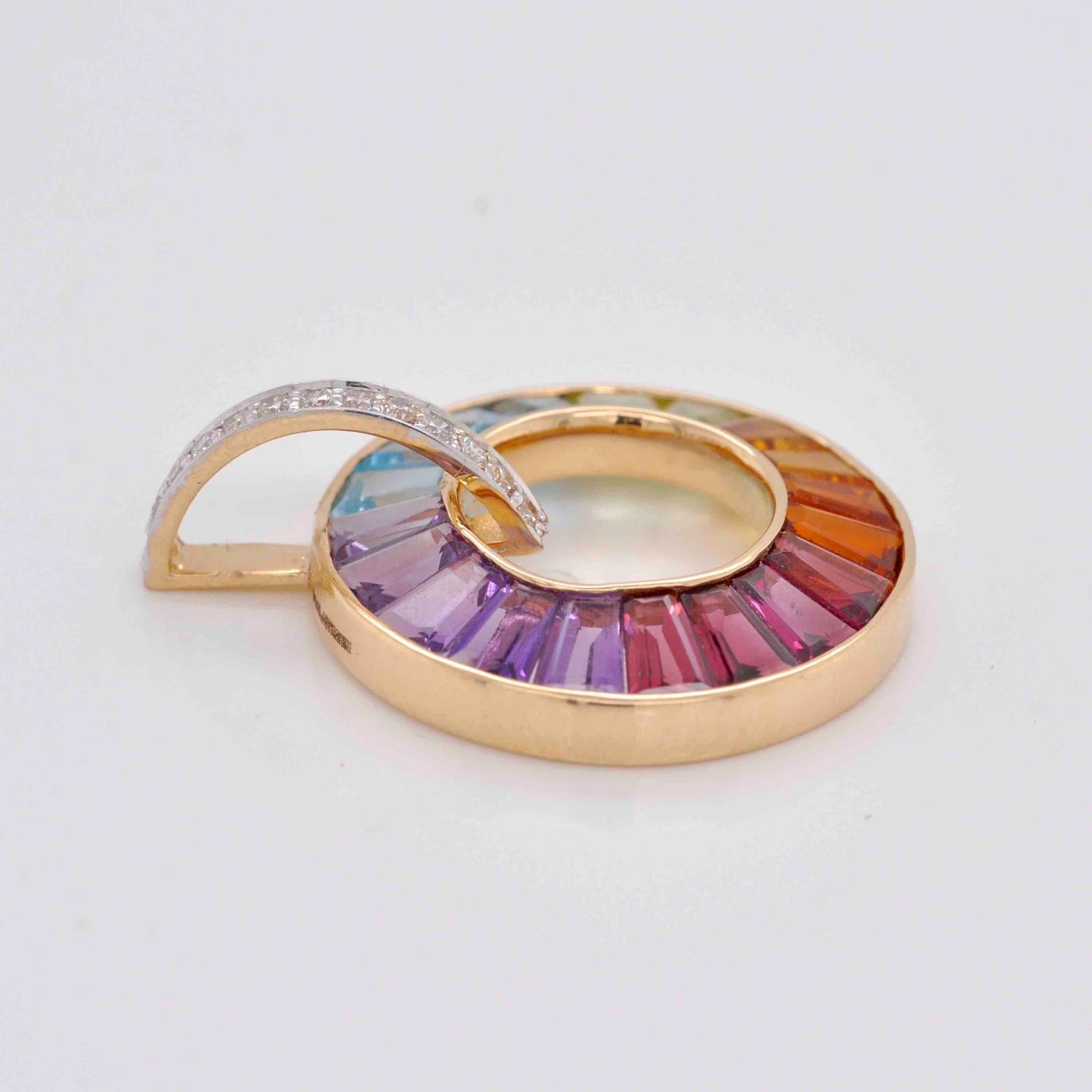 18K Gold Rainbow Gemstones Diamond Circle Pendant Necklace