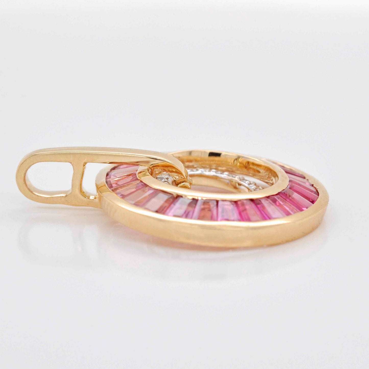 18K Gold Pink Tourmaline Taper Baguettes Diamond Circle Pendant
