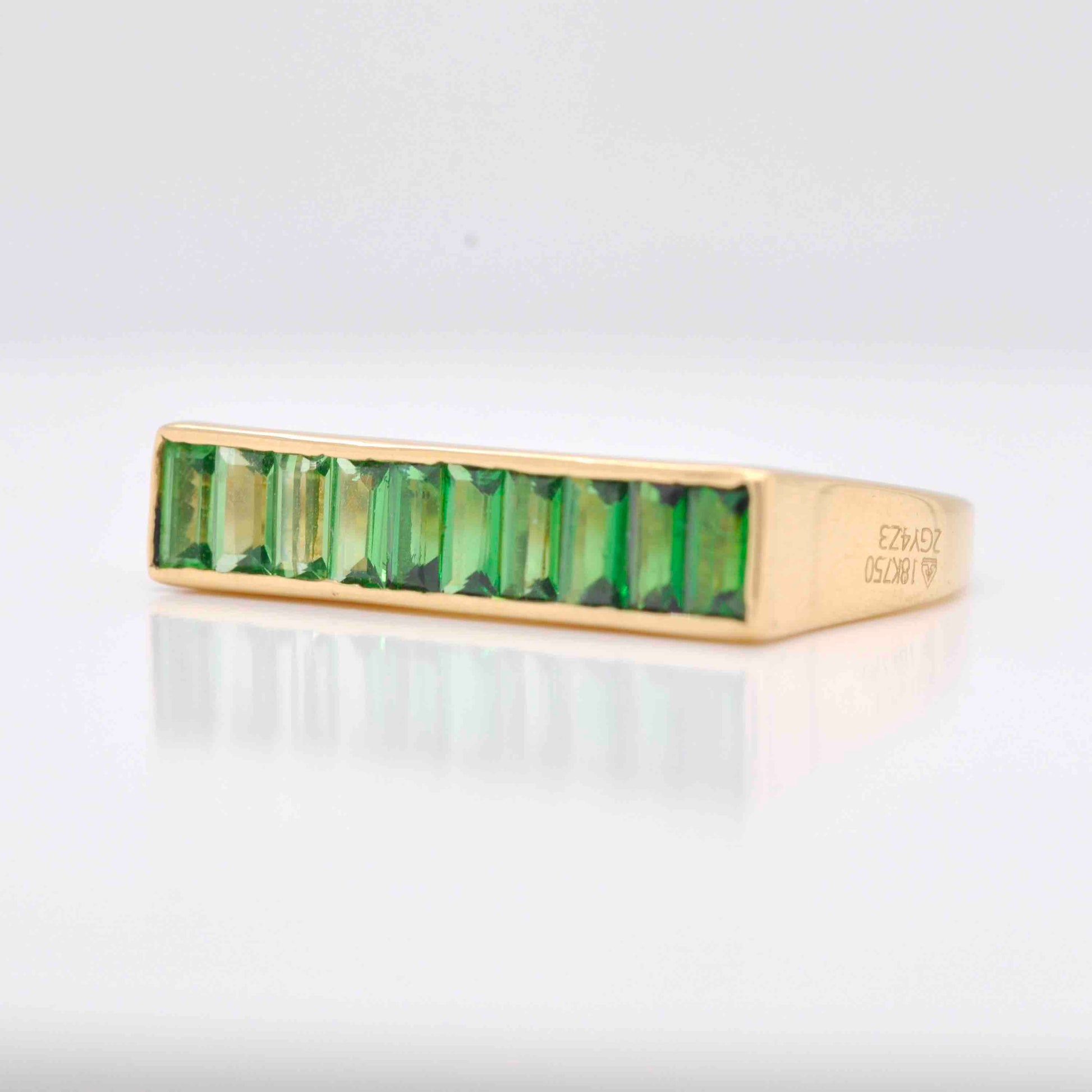 18K Gold Gradient Tsavorite Baguette Bar Ring - Vaibhav Dhadda Jewelry