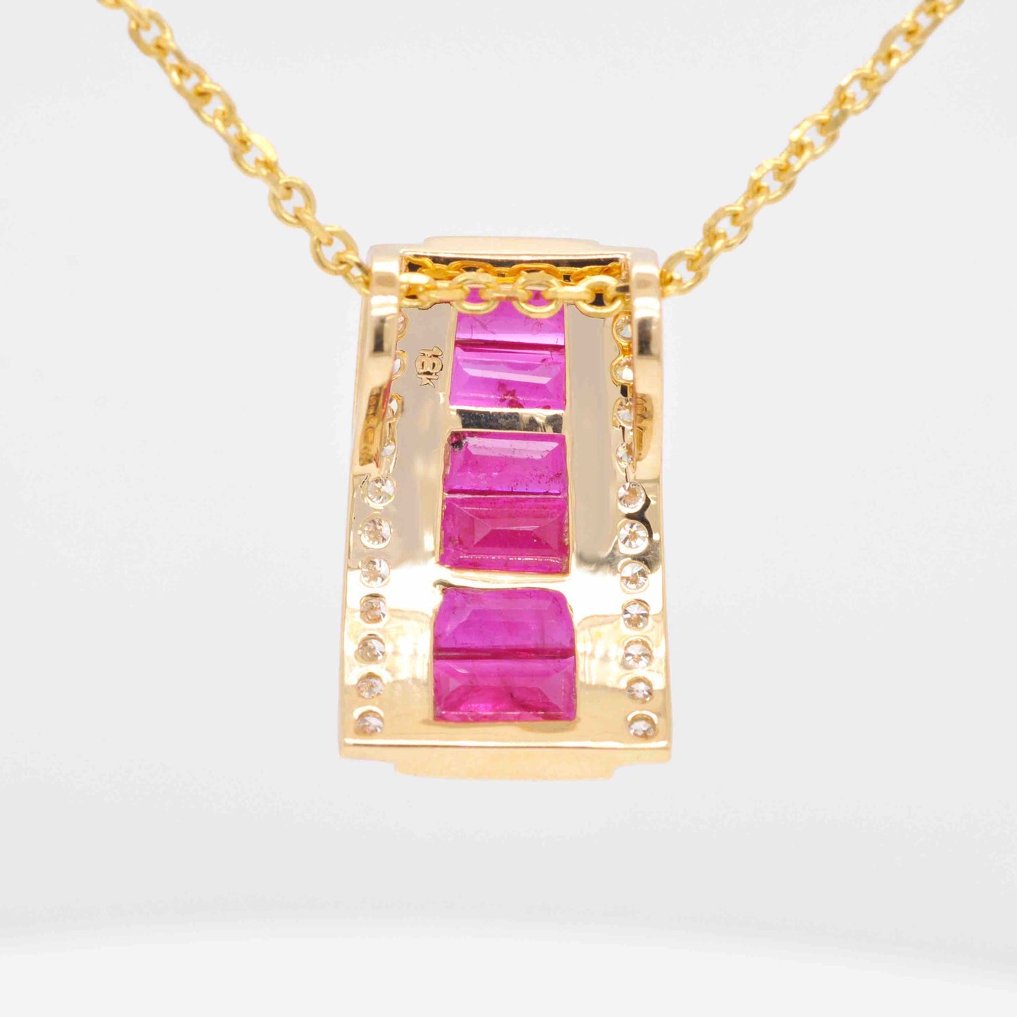 18K Gold Ruby Art Deco Pyramid Diamond Pendant Necklace