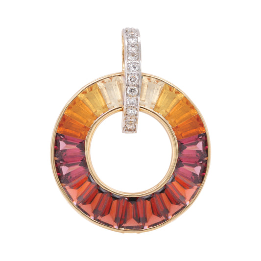 Gradient Garnet Rhodolite Citrine Diamond Circle Pendant
